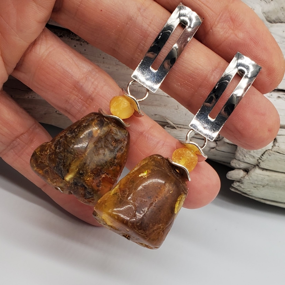 Natural AMBER NUGGETS Amber Stone Silver Earrings Hypoallergenic Studs